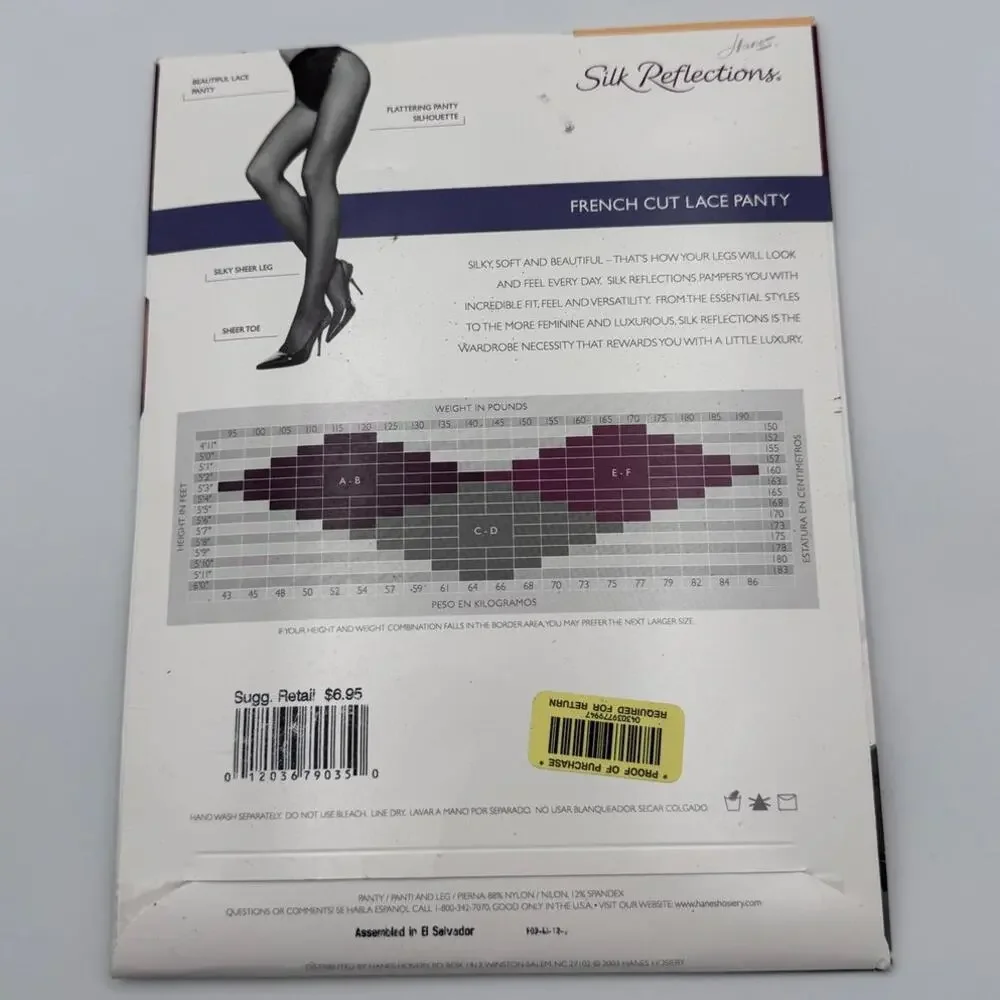 Vtg Hanes Silk Reflections Pantyhose French Cut Lace Panty Sandalfoot Jet AB 003